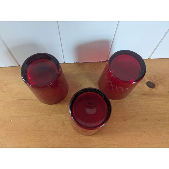3 Cranberry Red Cut-to-Clear Lowball Rocks Glasses - Diamond Pattern - Picture 4 of 5